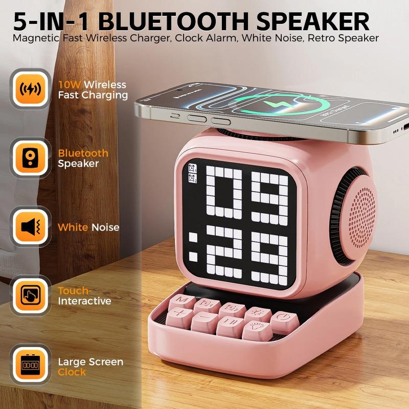 Wireless Charger Stand Retro Pixel Art Bluetooth Portable Speaker Alarm Clock LED Display Board Cute Gift Home Light Decoration