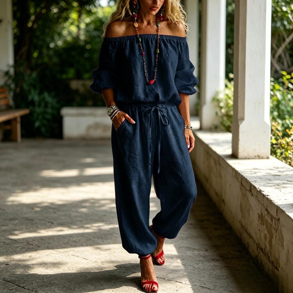Tuta Lunga da Donna Scollo a Barca Manica Lunga Monocolore Coulisse Ampia Harem Pantaloni Lunghi da Vacanza