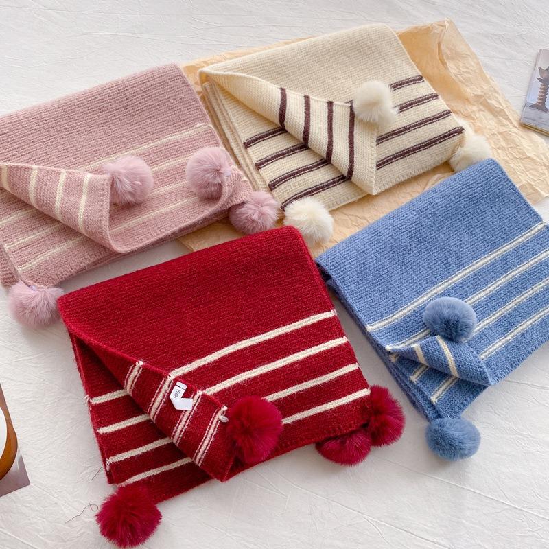 Cute Big Hairball Knitted Scarf Women's New Winter Model with Wool Thickened Contrasting Stripes Wool Warm Scarf