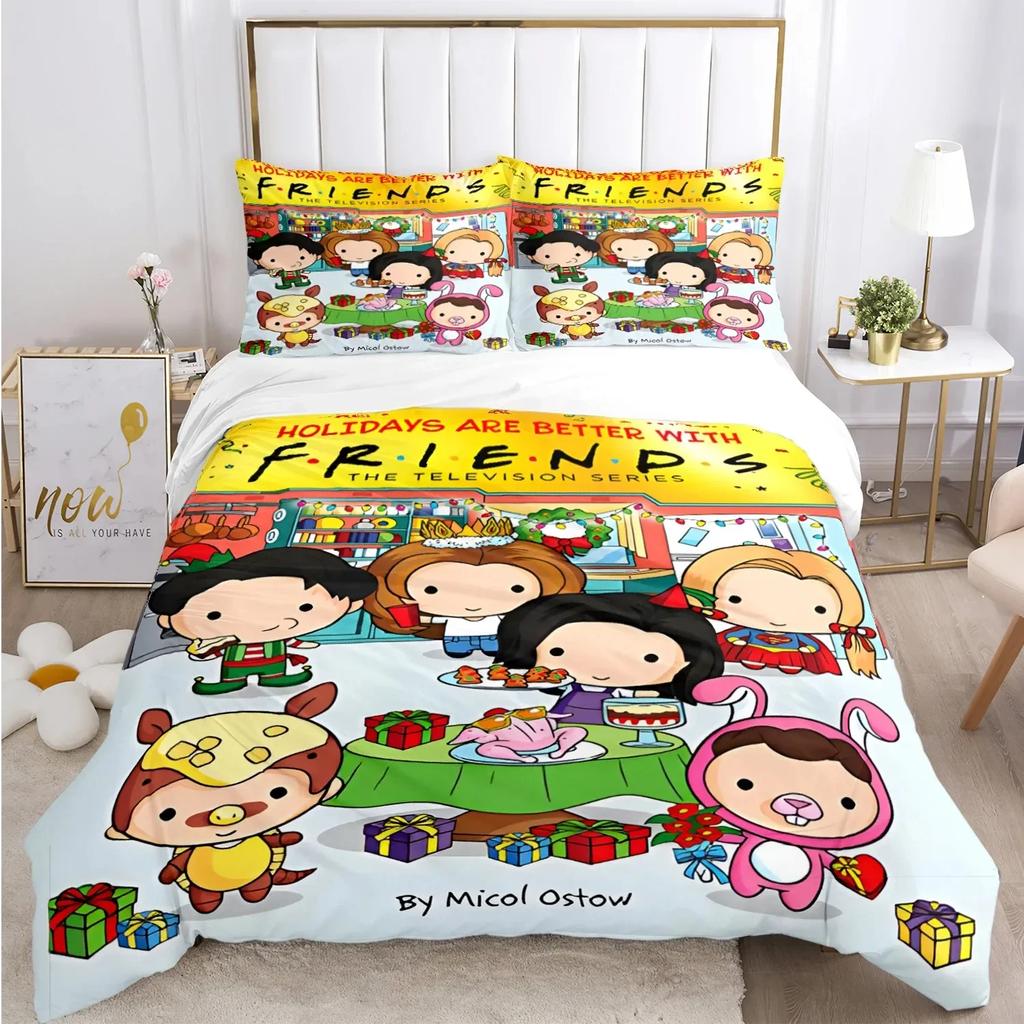 Přátelé Vtipné anime Celoroční povlečení Tištěná sada povlečení s povlakem na polštář Povlak na přikrývku Jednolůžko Dvojlůžko Queen Super King Velikost