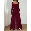 Women Fashion Casual Long Sleeve Square Neck Solid Wide Leg Jumpsuit