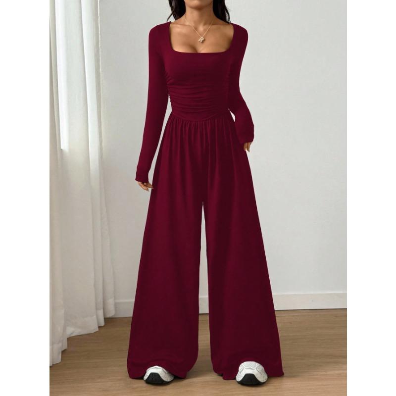 Women Fashion Casual Long Sleeve Square Neck Solid Wide Leg Jumpsuit