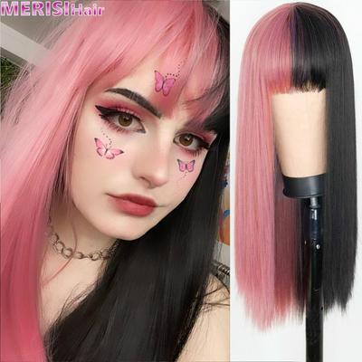 Lolita-Perücke, halb schwarz, halb rosa, für schwarze Frauen, Afroamerikaner, synthetische rosa Haarperücken mit Pony, hitzebeständige Cosplay-Perücken