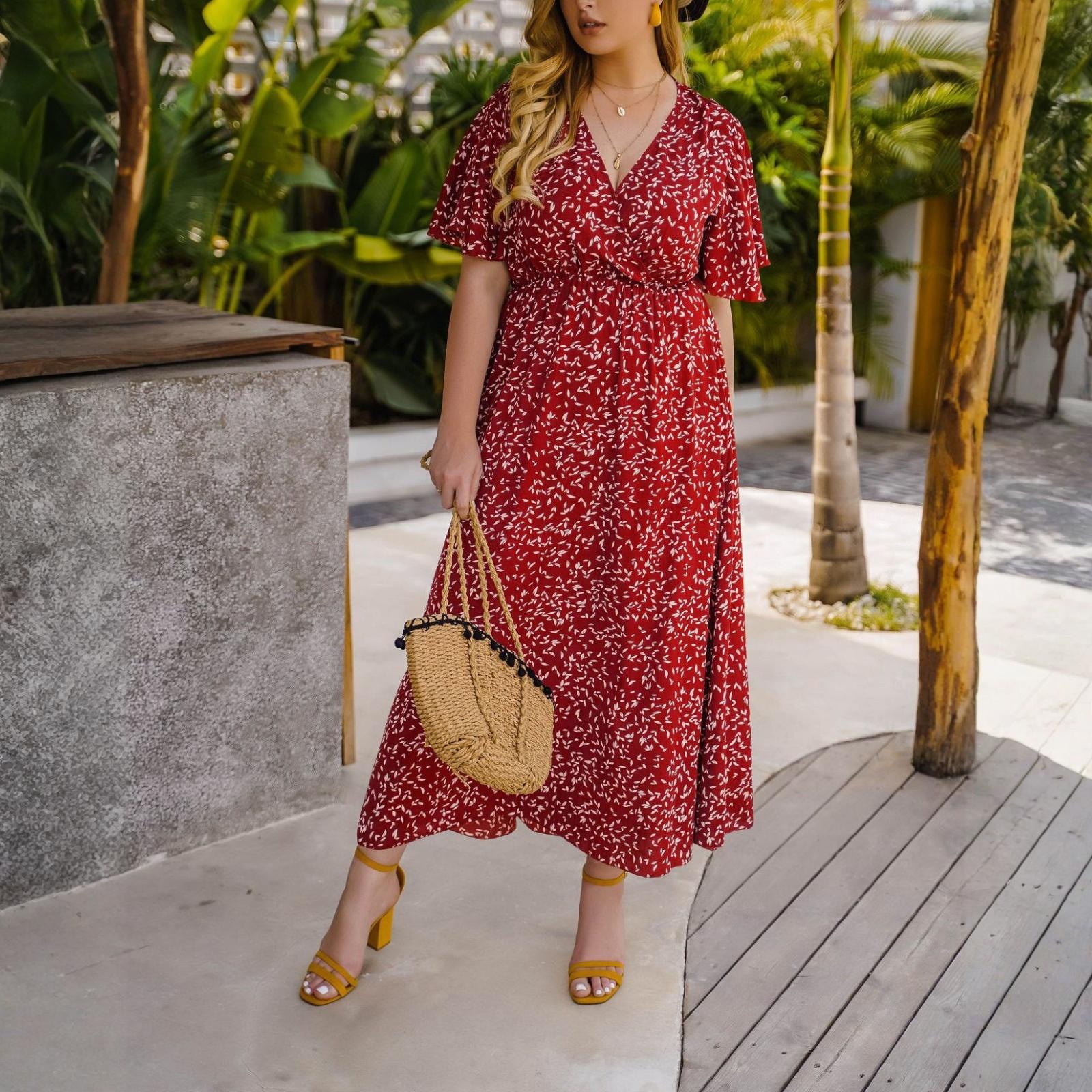 

Women s Fashionable Plus Size Floral Print V-neck Short Sleeved High Waisted Loose Dress XL червоний