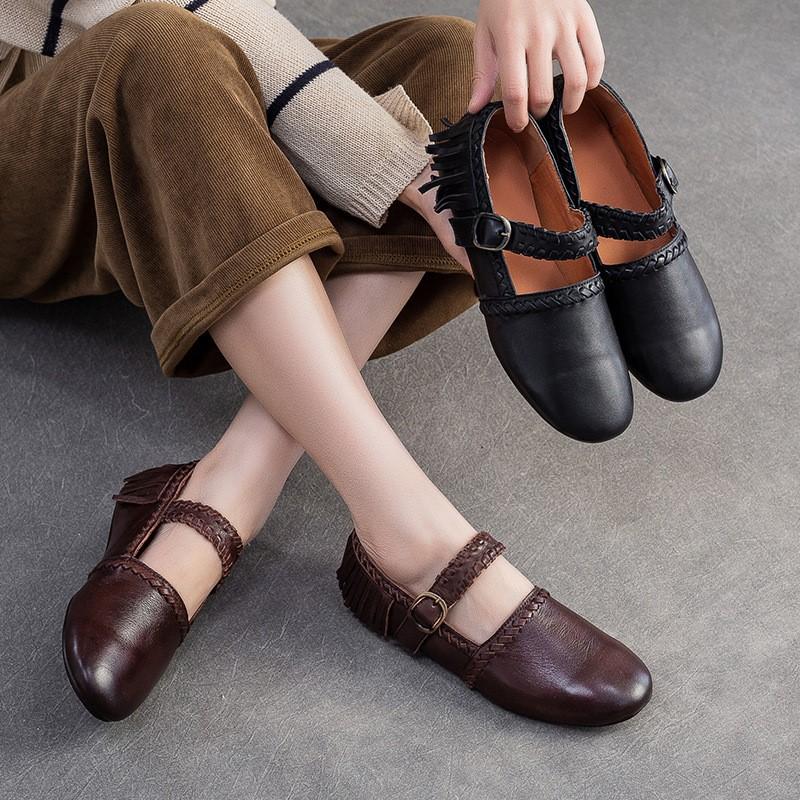 Johnature Genuine Leather Solid Color Belt Buckle Women's Shoes Retro Versatile Tassel Round Toe Soft Sole Flats