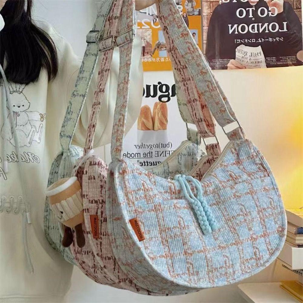 Plaid Half-moon Shoulder Bag Handbag Canvas Dumpling Bag Simple Hobos Crossbody Bag Girls