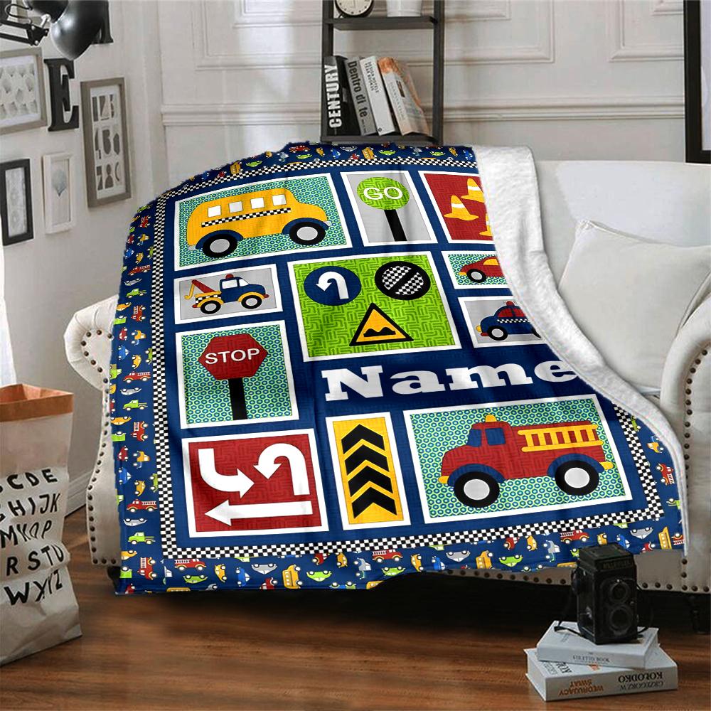 Custom Name Cute Cars Theme Printed Blanket - Perfect for Couch, Bed, Travel & Outdoor Use | Machine Washable, Cozy & Durable.