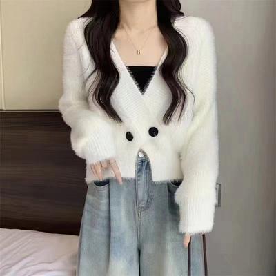 2025 Autumn and Winter New Imitation Mink Velvet Soft Waxy Knitted Cardigan Top Temperament Two Buttons Short Sweater Jacket Women