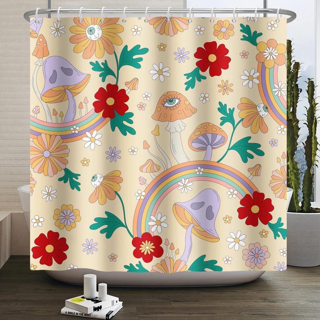 70s Retro Rainbow Shower Curtain Hippy Funky Cartoon Mushroom Floral Bathroom Curtain Polyester Waterproof Fabric Bathtub Screen