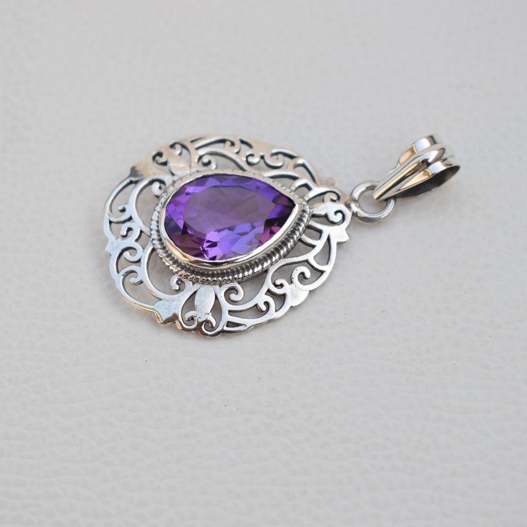 Designer Amethyst Pendant, 925 Sterling Silver Pendant, Teardrop Amethyst Pendant, Anniversary Pendant, Gift For Her, Filigree Pendant