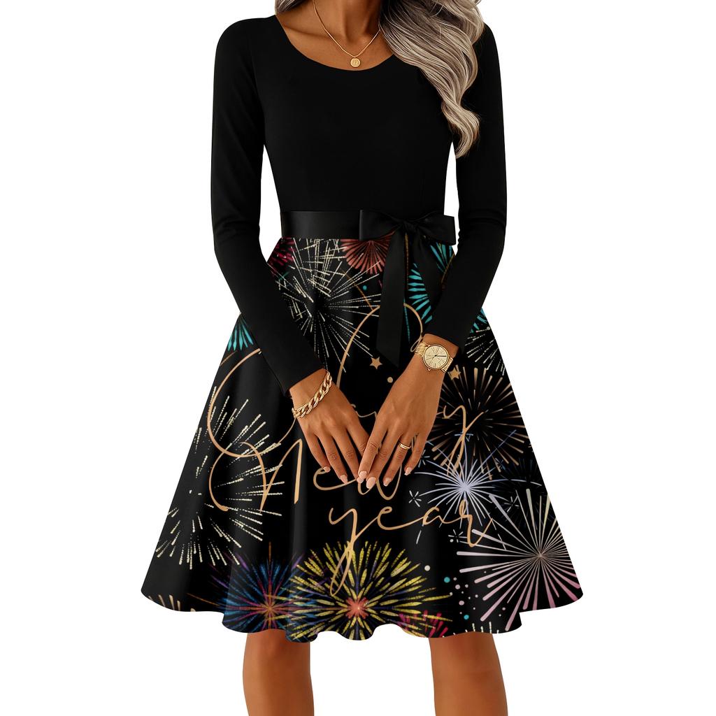 Women's Casual Fashion Round Neck Long Sleeve New Year Printed Retro Dress