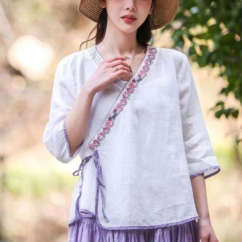 WTEMPO Women Seven Quarter Sleeve Loose Fitting Casual Tops Spring Summer V-neck Embroidered Mixed Cotton Linen Shirts
