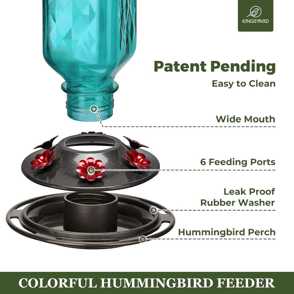 Glass Hummingbird Feeder for Outdoor Hanging, 24 Ounces, 6 Feeding Ports, Bird Nectar Feeder for Garden Décor, Ant Moat Included, Turquoise