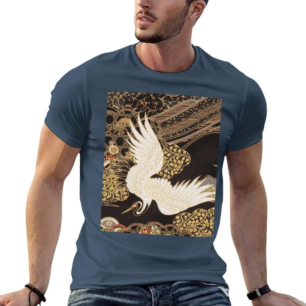 Vintagejapanese Cranes Gold And Black Tshirt Man T Shirt Summer T Shirts For Man Pack White Man T Shirts Graphic Tshirt