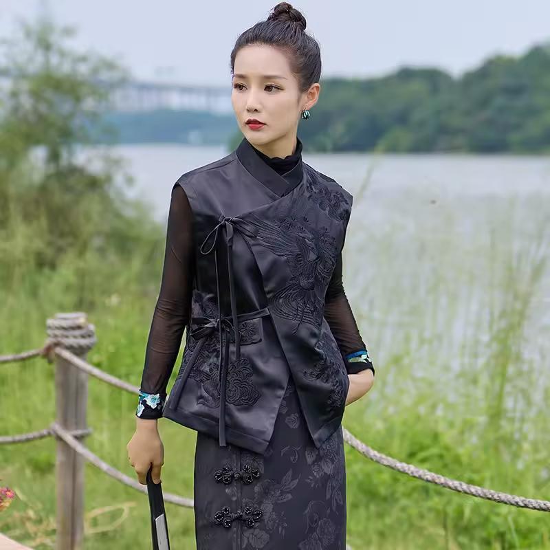 Weste im chinesischen Stil Damen Frühling und Sommer Nationaler Trend Retro Weißstorch Stickerei Schnürung Weste im chinesischen Stil Top