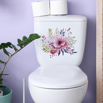 Fiori Rosa Pianta Verde Toilette con Bagno Bagno Abbellimento Casa Adesivo da Parete
