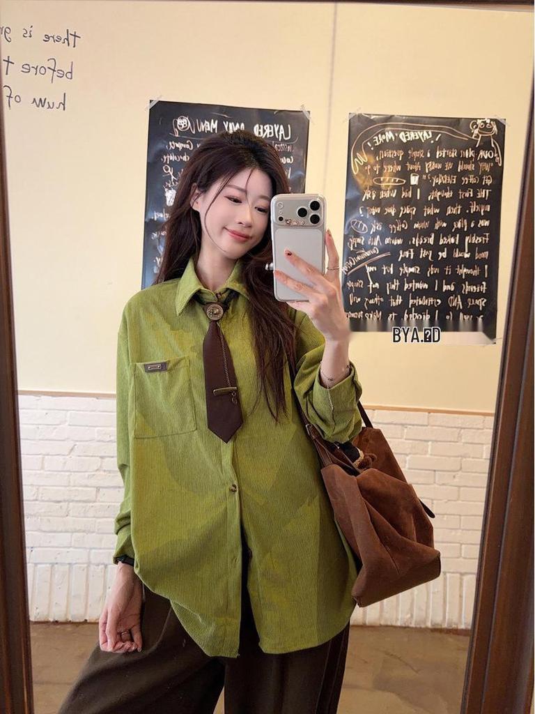 Women's Avocado Green Retro College Style Long-Sleeve Shirt – Spring 2026 Casual Layering Top