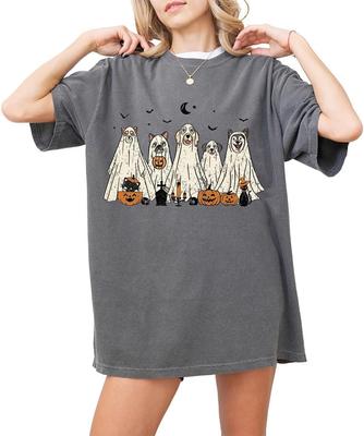 Halloween T-Shirt - Cute Dogs In Ghost Costumes Design - Funny Halloween Graphic Tee for Men, Women, Unisex, 100% Cotton