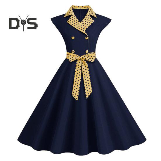 Elegant Ladies Dress Dot Printed Lapel Collar Bow On Waist Sweet Style Casual Party Dress Sleeveless Tight Waist Slim Mid-length Dress Women Summer