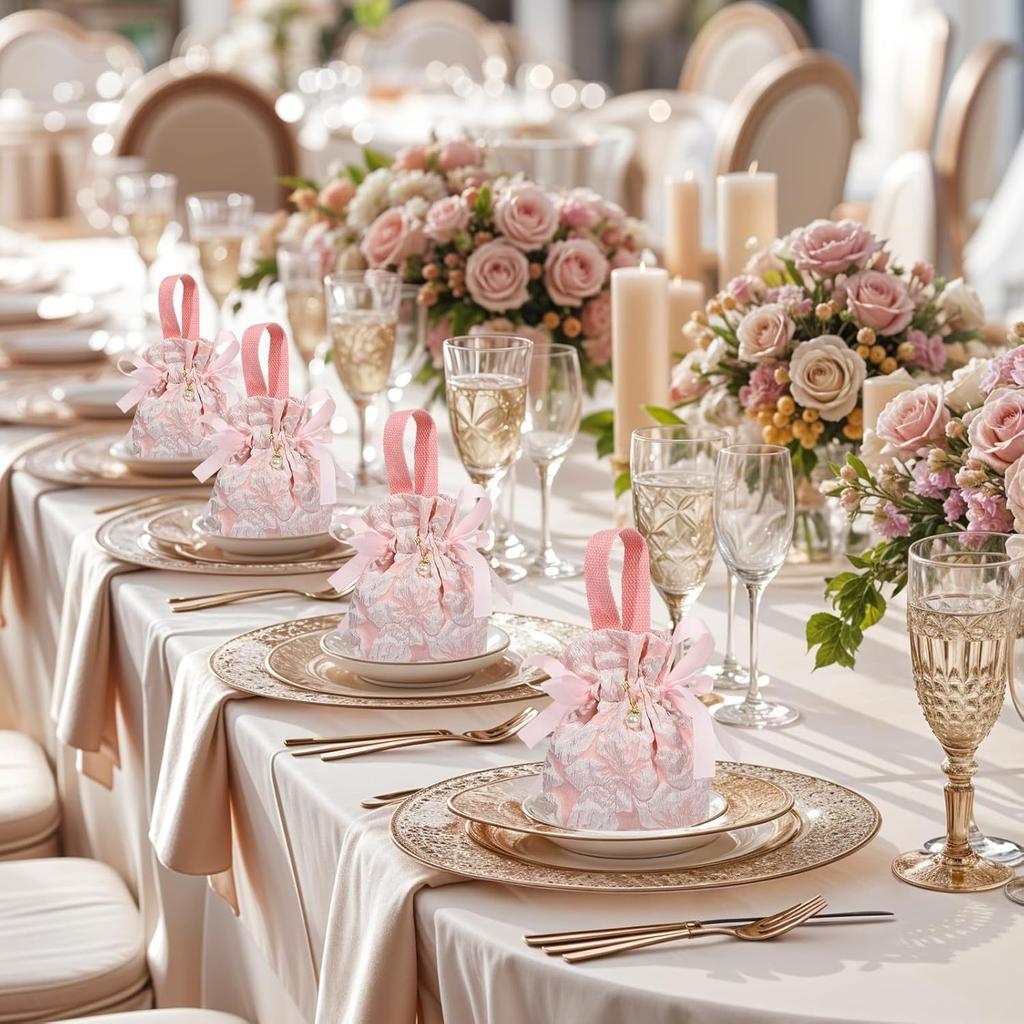 10 Stück kleine florale Geschenktüten, rosa Canvas-Geschenktüten, Mini-Geschenkbeutel mit Kordelzug für Babyparty, Brautparty, Geburtstag, Hochzeit