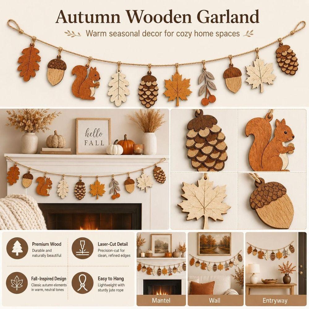 Wood Hanging Banner Decors Cutout Pendants Fall Wooden Garland  For Thanksgiving Decor
