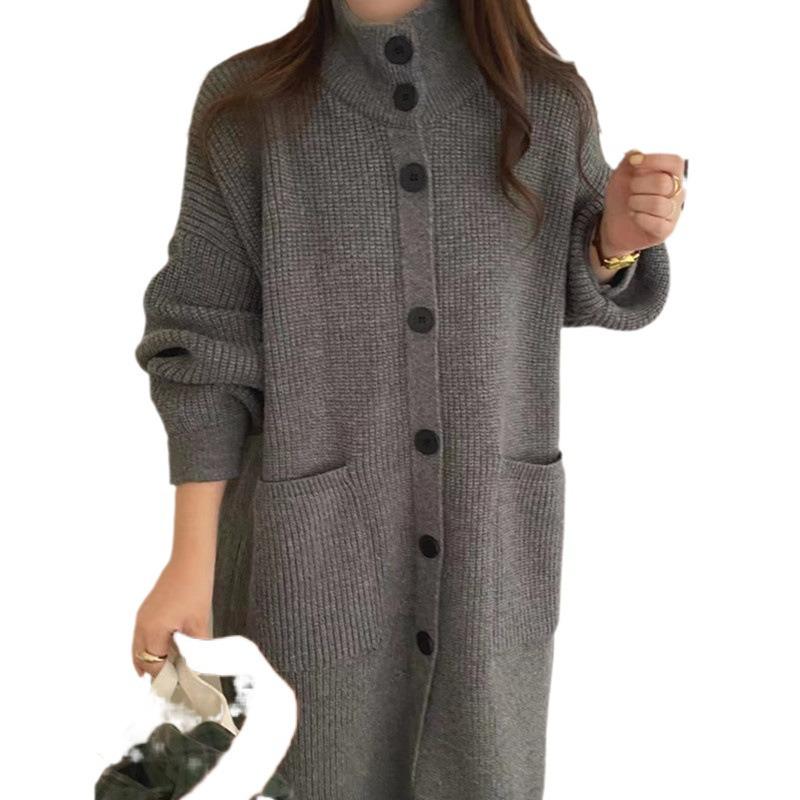 2026 Korean High Neck Women's Knit Cardigan - Solid Color, Single-Breasted, Long Sleeve, Mid-Length for Spring