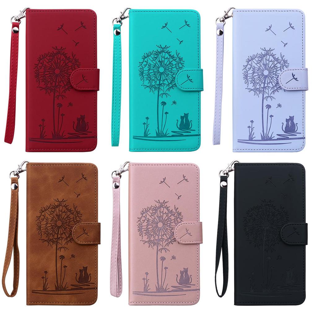 Wrist Strap 3D Emboss Flower Cat Leather Phone Wallet Case Book Kickstand For iPhone 16 15 Pro Samsung Redmi Google Oppo Magnetic Card Slot Flip Cover