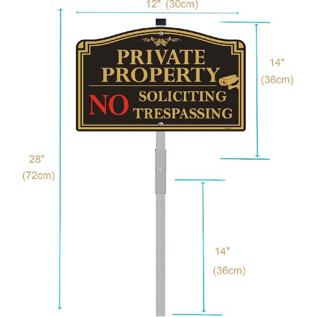 Private Property No Trespassing Sign, 12" x 8" No Soliciting Sign Aluminum with 28" Tall Alloy Stake for Easy Installation, Rust-Free& Fade Resistant