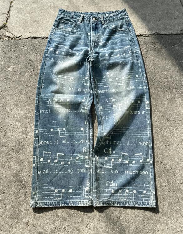 Pantalones vaqueros anchos para hombre con estampado de letras retro americano y lavado