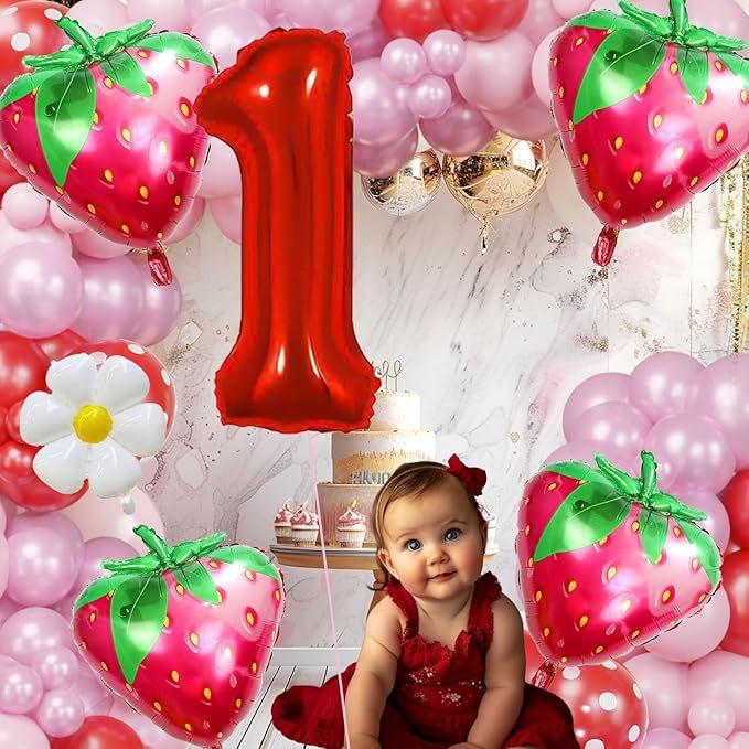 1-Year-Old Baby Strawberry Aluminum Film Balloon Set, Happy Birthday Balloon Scene Arrangement, Little Daisy Party Supplies
