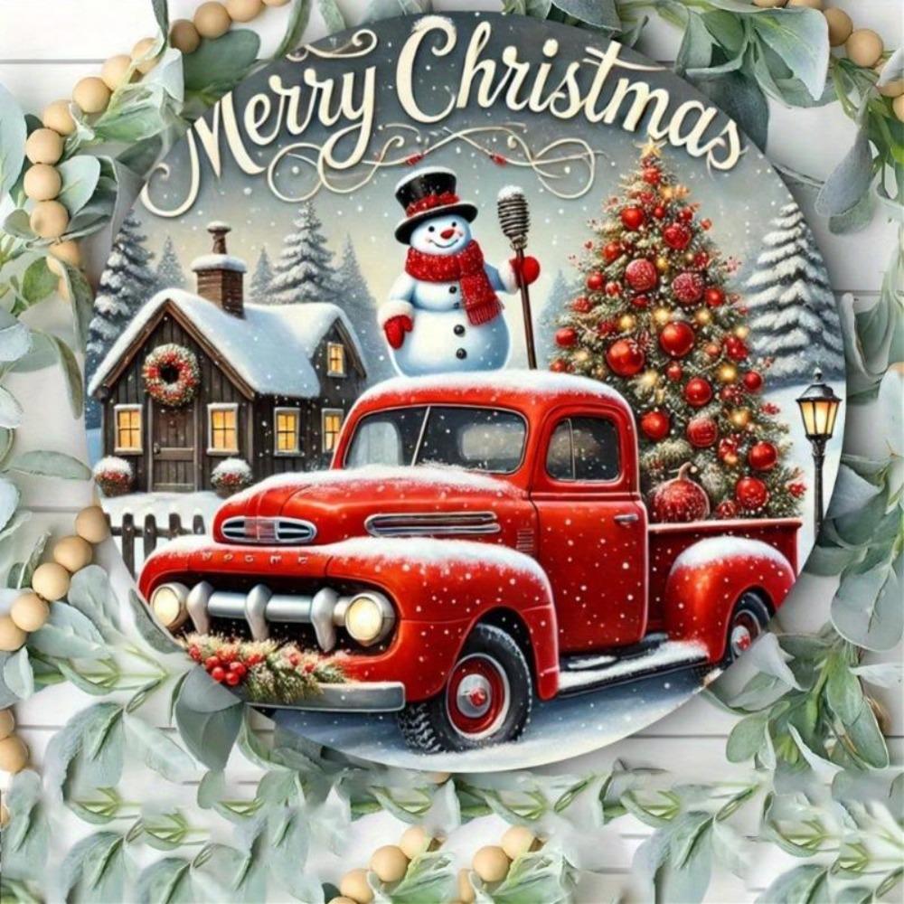 Vintage Metal Wall Art Snowman Red Truck Christmas Decor Round Sign Rustic Holiday Gift