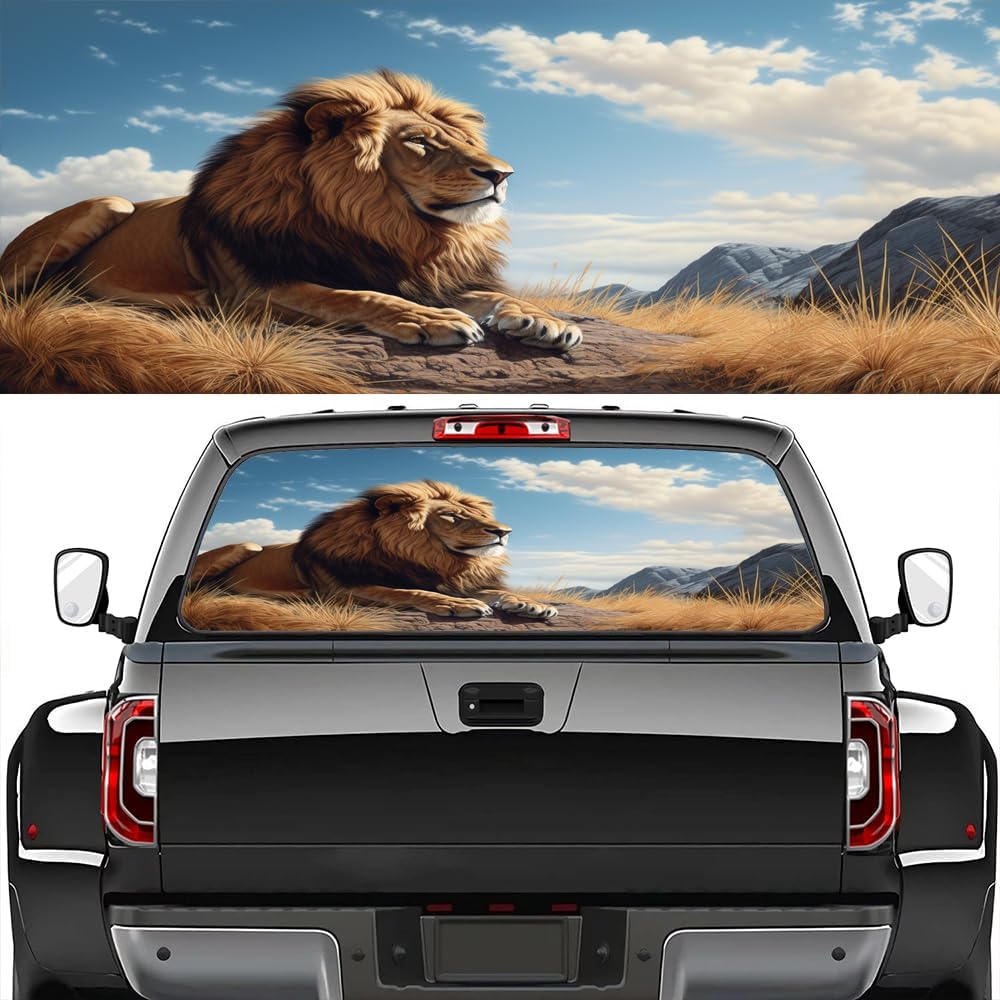 Наклейки Животные Лев Наклейки на Заднее Стекло для Грузовиков Наклейка на Заднее Стекло Лев на Вершине Горы Наклейки на Все Заднее Стекло для Автомобилей Грузовиков 22W x 66L inch