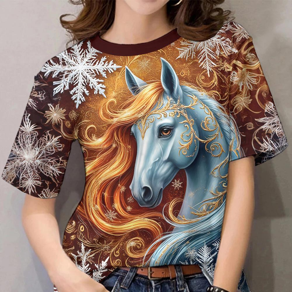 Pferde-Muster T-Shirts Floral 3D-Druck Damen Freizeit O-Ausschnitt Kurzarm T-Shirt Harajuku Lässige T-Shirts Y2k Tops Damenbekleidung