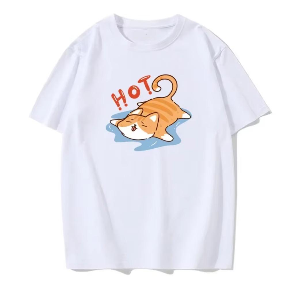 

Летняя мужская забавная футболка с милым принтом кота, модная повседневная однотонная футболка с круглым вырезом, удобная летняя мужская футболка S белый