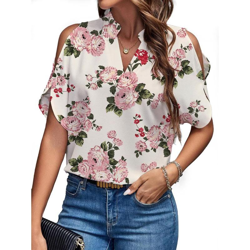 Women's summer new solid color V-neck temperament fashion off-the-shoulder sleeves women's top