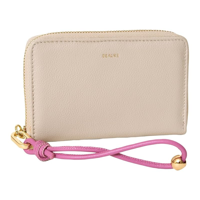 

[BEAURE] [Vuret] B-24097 genuine leather short wallet middle wallet round zipper bi-fold with hand strap ladies P.Beige
