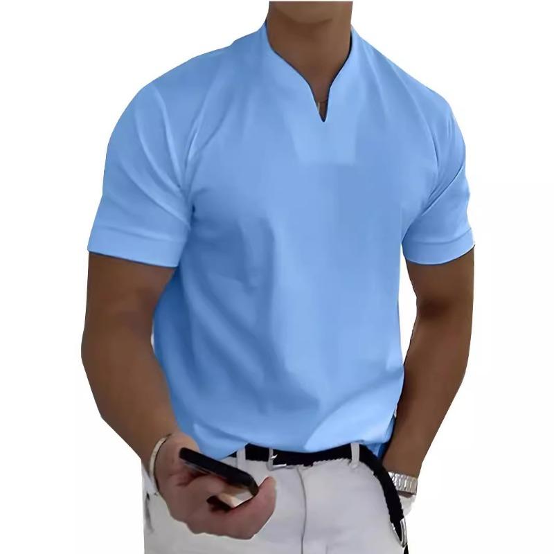 

Summer New Muscle Men s Fitness T-shirt Elastic Cotton Short Sleeve Summer V-neck M небо синє кольору