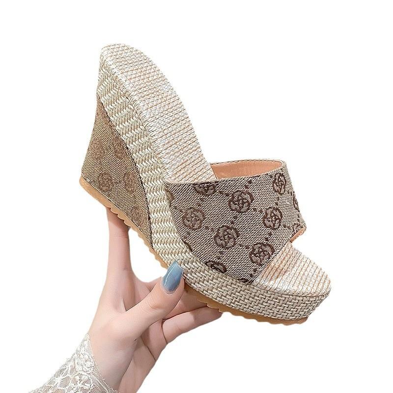 2025 Summer New Slope Heel Slippers European and American Casual Cool Slippers Summer Wear Thick-soled Lightweight Slippers Women