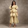 French multi-layer ruffle edge long bubble sleeve printing design waist long dress summer new dress women