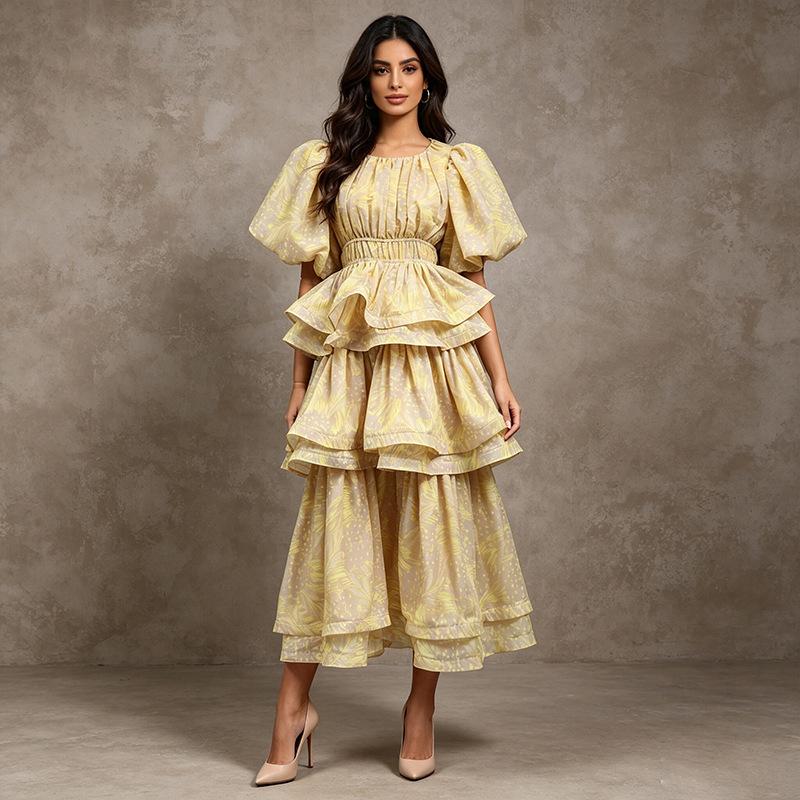 French multi-layer ruffle edge long bubble sleeve printing design waist long dress summer new dress women