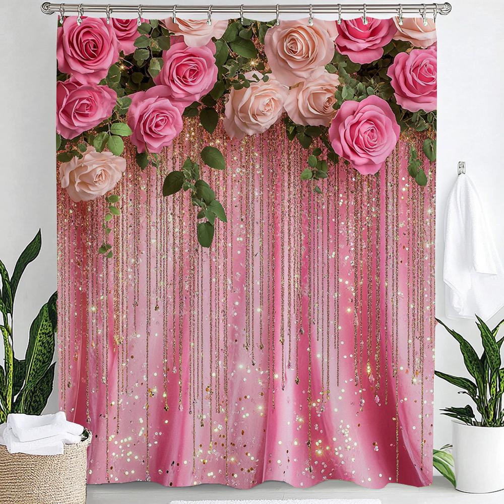 Rosa Blumen Duschvorhang für Damen, Braut, Hochzeit, Rosa Blumen, Romantisch, Geeignet für Mädchen, Hängender Vorhang Mit Haken