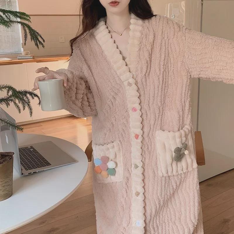 V-Neck Sunflower Nightgown Pajamas for Women - Cozy Autumn/Winter Coral Fleece, Thick, Large Sizes, Versatile Indoor/Outdoor Wear.