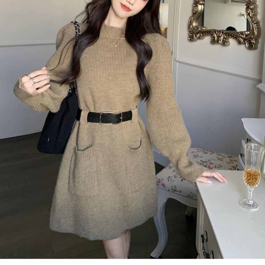 New French Style Petite Knit Dress for Women, Long Sleeve Loose Knit Base Dress for Fall Winter