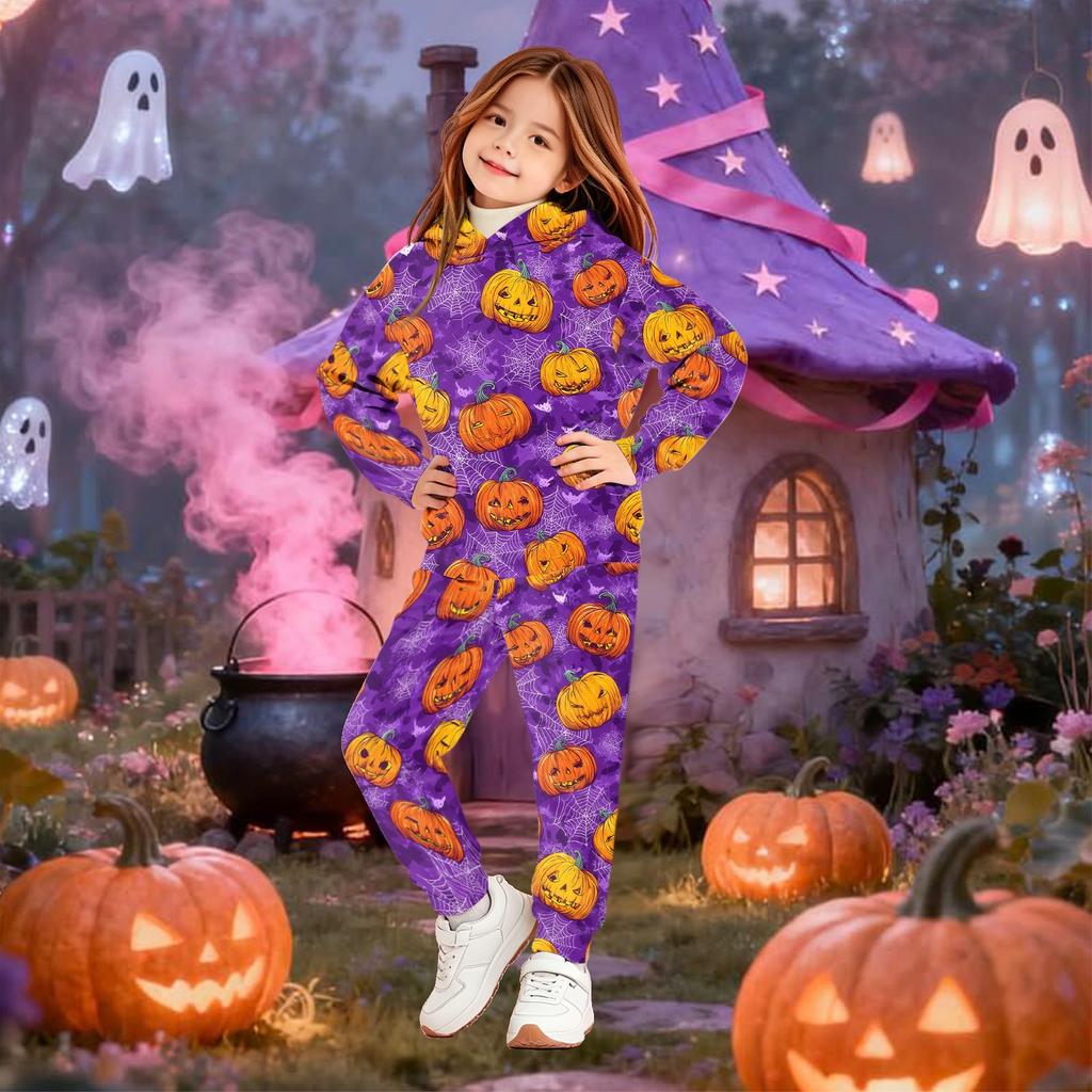Kids Hoodie Set with Halloween Print – Long Sleeve Pullover and Pants for Boys Girls Holiday Party