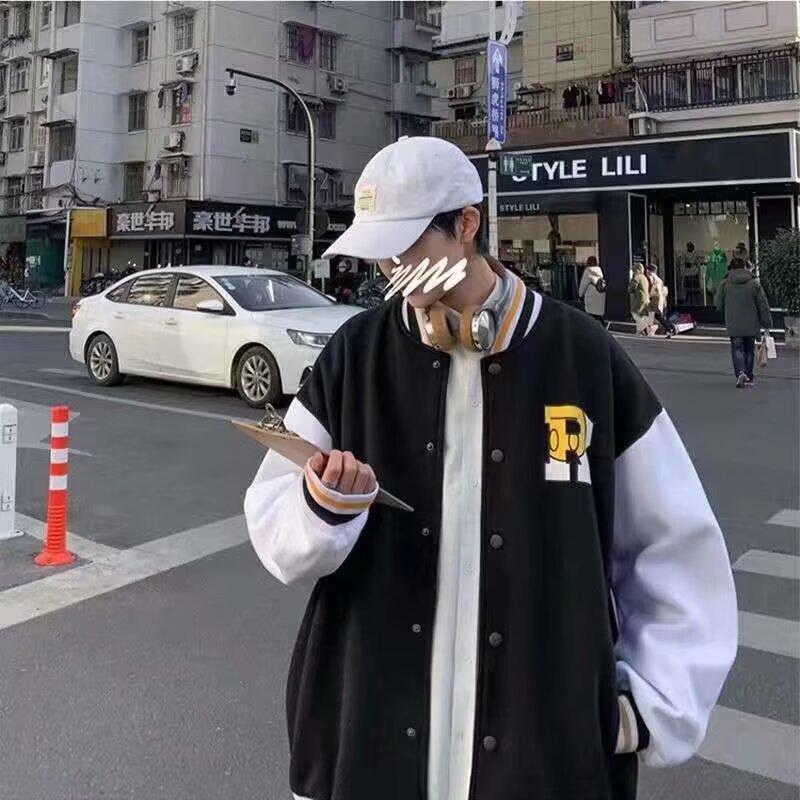 Jacket Men's Baseball Clothing Men's Autumn and Winter Large Size Hong Kong Style Tide Brand Student Loose Versatile Thickened Splicing Jacket Tide