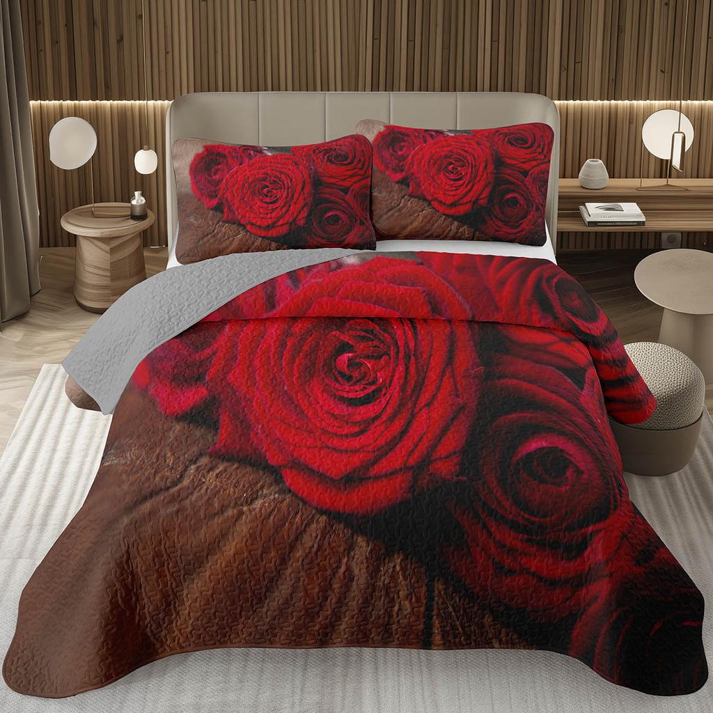 Romantic Rose Bedspread Queen/King/Twin Botanical Floral Coverlet Valentine's Day Quilted Bedding Set for Girls Women Room Decor