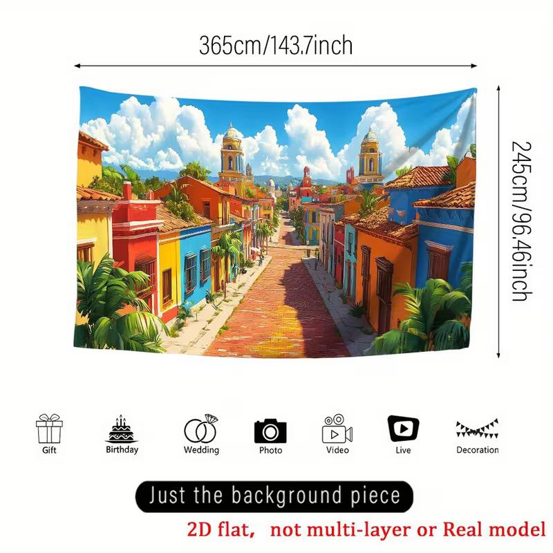 2D Dreamy Caribbean Town Tapestry, Palm Trees & Cobblestone Street