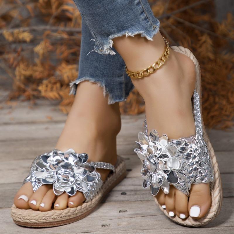 Women Fashion Casual Shoes Braided Floral Decor Vocation Beach Flip Flops Non Slip Slides Ladies Zapatos Mujer Chaussures Femme
