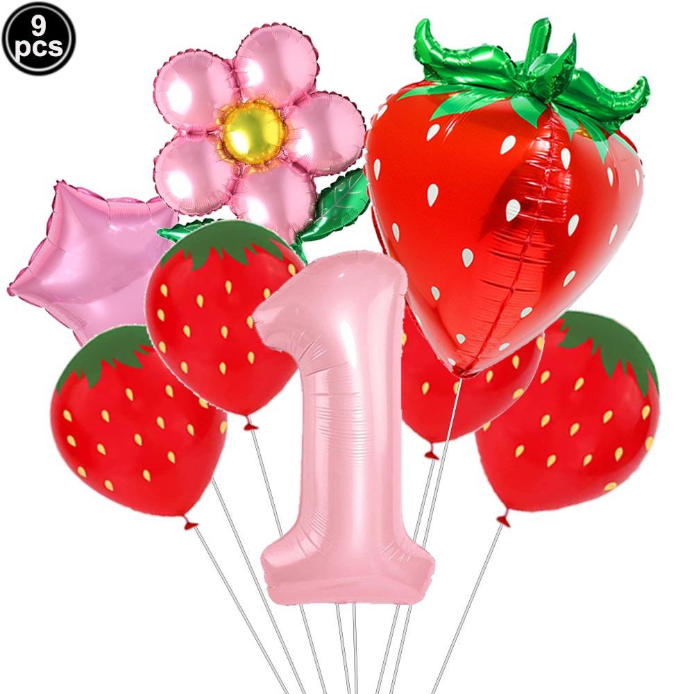 9pcs Strawberry Balloons Kits Birthday Decorations for Girls 32inch 0-9 Number Balloons for Strawberry Birthday Party Decors