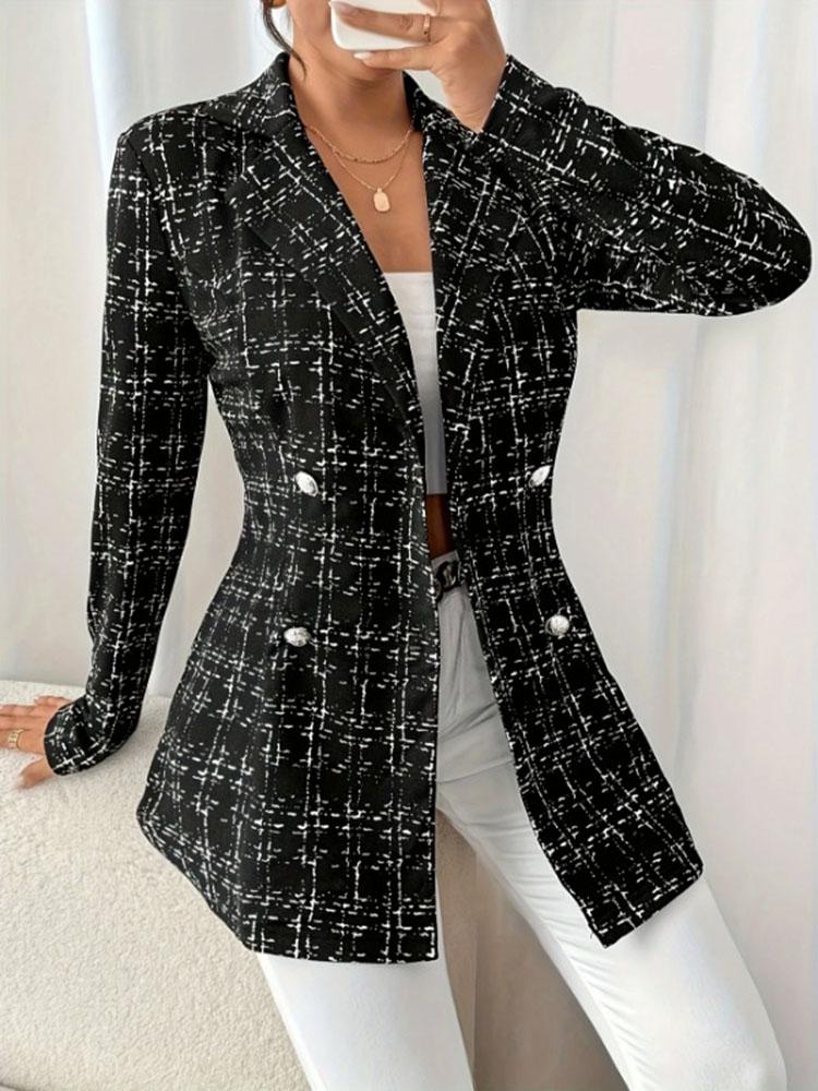 Autumn Winter New Elegant Black and White Grid Pattern Lapel Button Long Sleeve Slim Suits